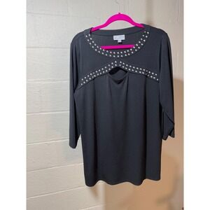 JM Collection Black Studded Cutout Neck Statement Top Plus Size 1X Blouse